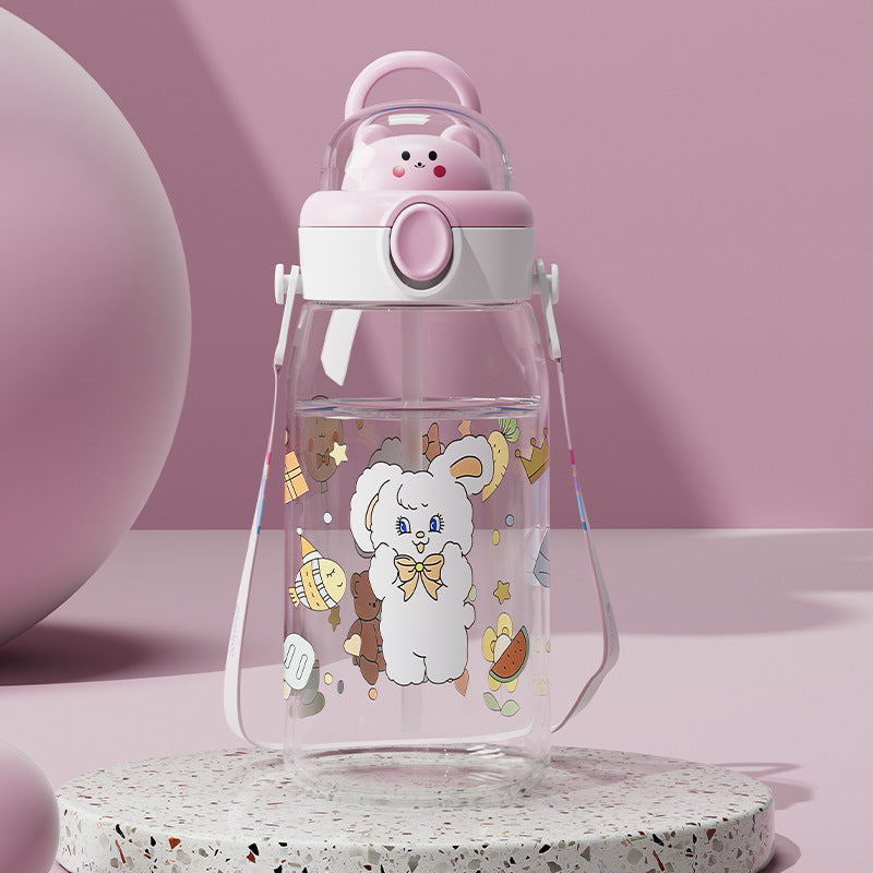 Cartoon cute high-capacity kids' straw water bottle - perfect for school with shoulder strap and carry loop - portable summer water bottle