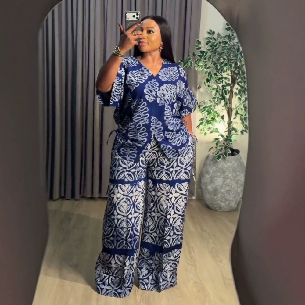 african women's clothing  summer new arrival: elegant v-neck drawstring loose plus size printed top and pants set