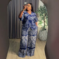 african women's clothing  summer new arrival: elegant v-neck drawstring loose plus size printed top and pants set