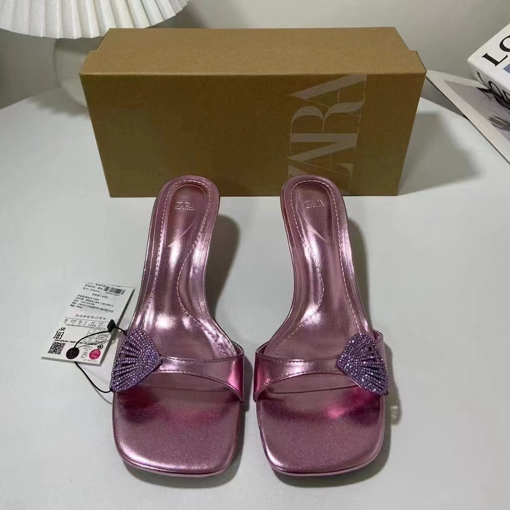 Za new 2024 french summer stiletto heel square toe thong sandals with seashell buckle detail and open back for women