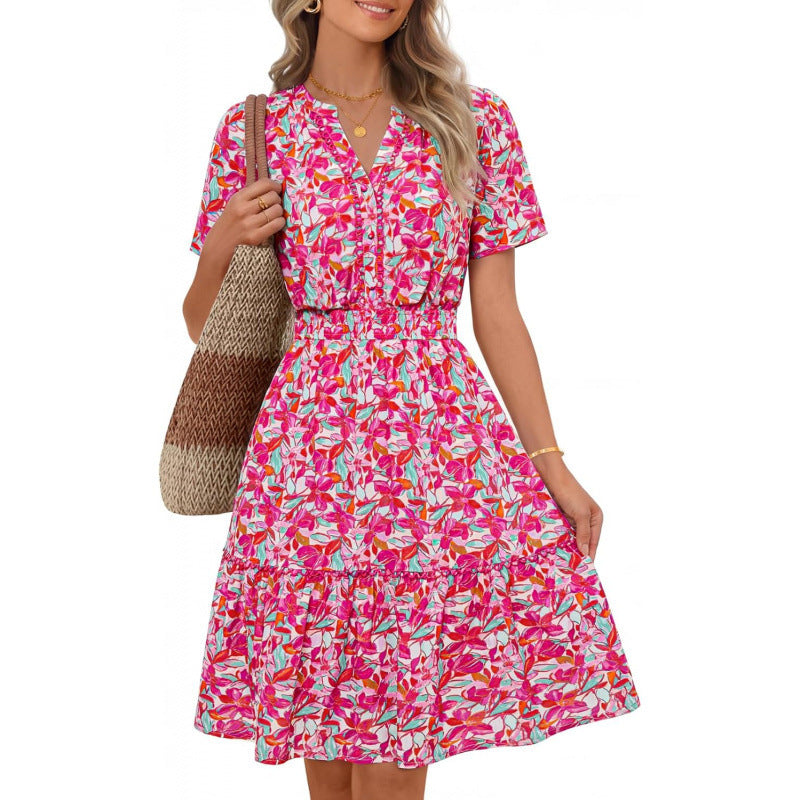 Amazon fashion short-sleeved a-line floral dress for women summernew arrivalbohemiav neck skirt