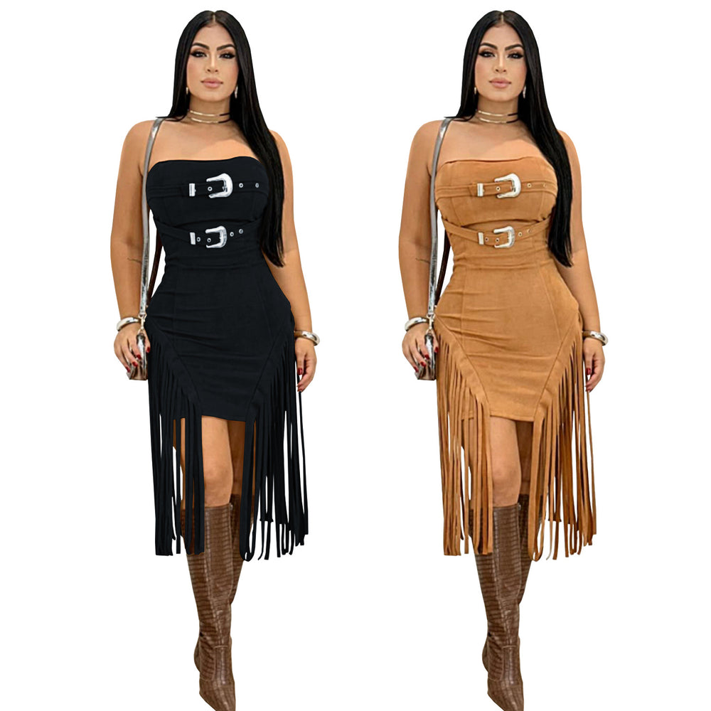 C7426 cross-border   fashion women's sexy sleeveless bandeau backless tassel dress
