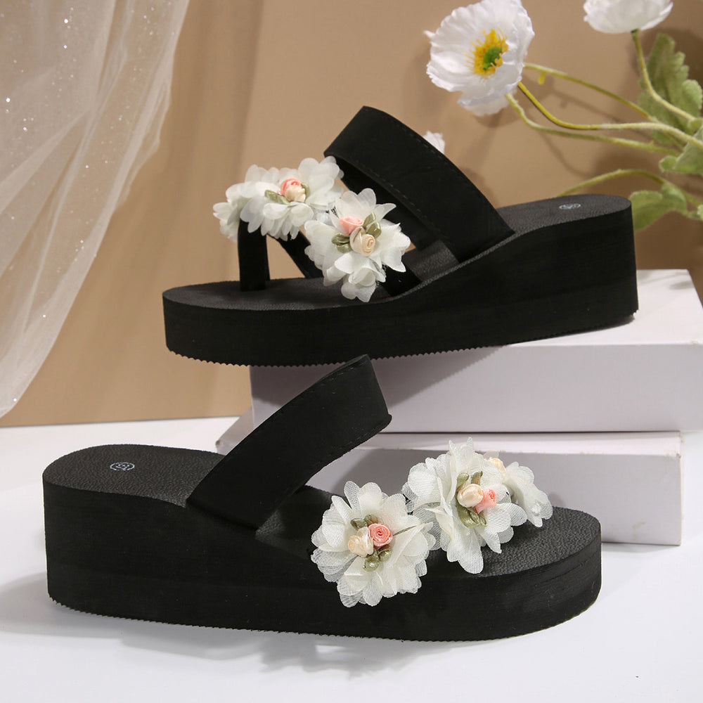 plus size beach slippers for women summer outwearthick sole high-heeled cool women's k-style seaside flower wedge toe slippers
