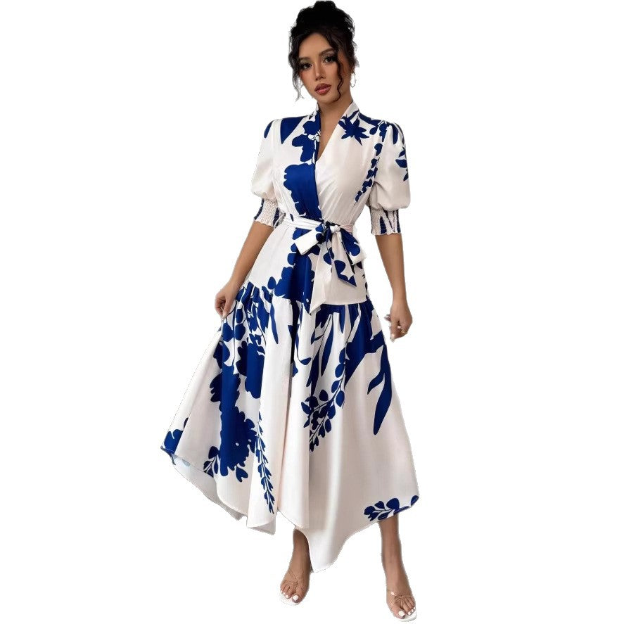 european and american style printed v-neck women's dress - new arrival
