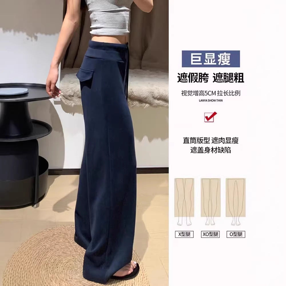Navy blue wide-leg pants for women - autumn collection, lightweight high-waisted, drapey, slimming, loose fit, straight leg, casual sweatpants/sports pants (suitable for summer)