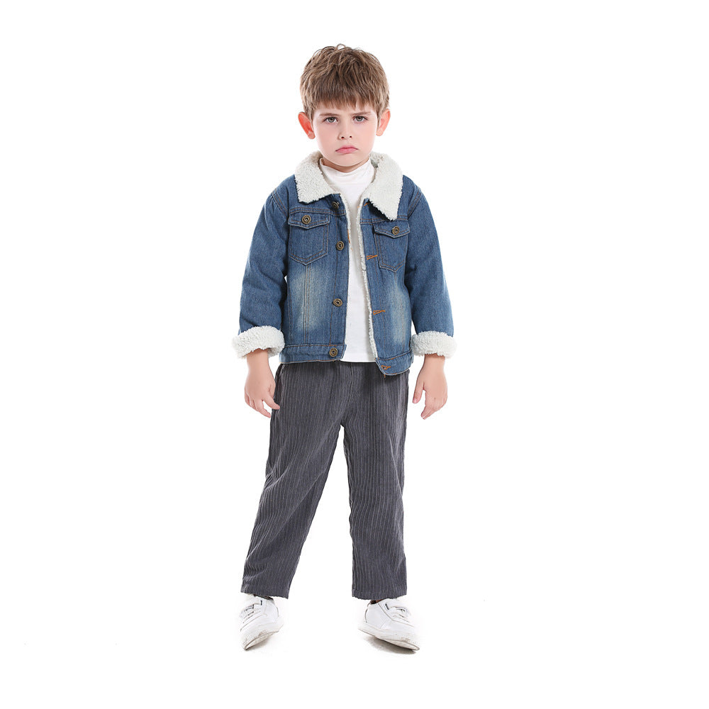 Children's outwearfall and winter style kidsfleece-lined denim clothing for boys and girls k-styleheattechtops for children cardigan wholesale