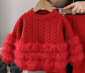 Girls' faux mink two-piece sweater set -  autumn/winter new collection - baby girl crewneck sweater and pants outfit