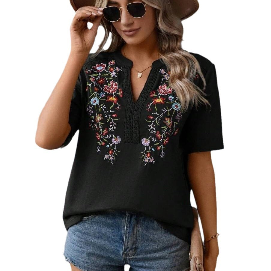 2025 Europe, America,   summer new fashion 10,000-needle embroidered splicing lace lace top women's T