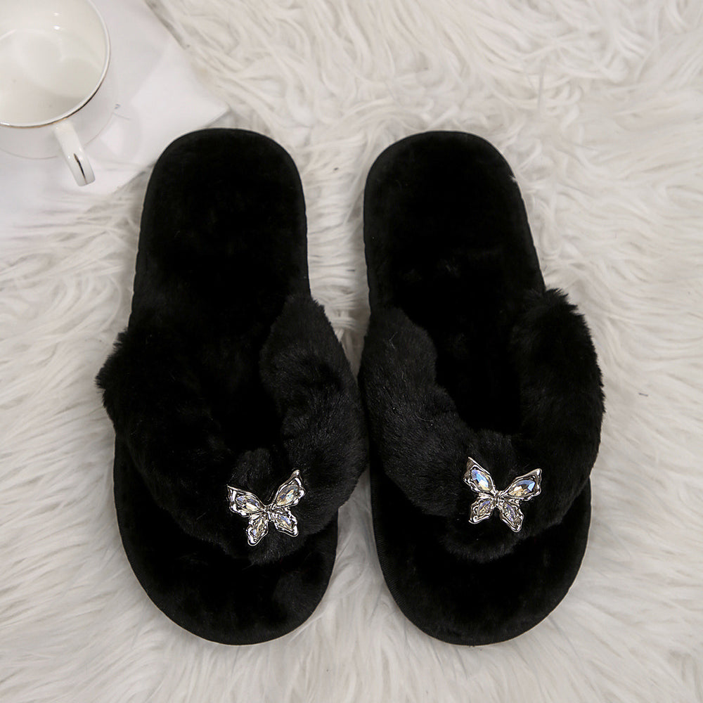 Furry slippers women's outwear furry slippers women's 2024new arrival butterfly stuffedflatswinter european goods fall and winter flip flops