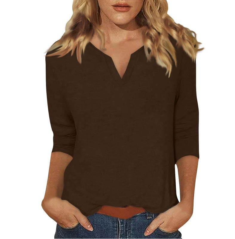 cross-border women's v-neck 3/4 sleeve solid color t-shirt top