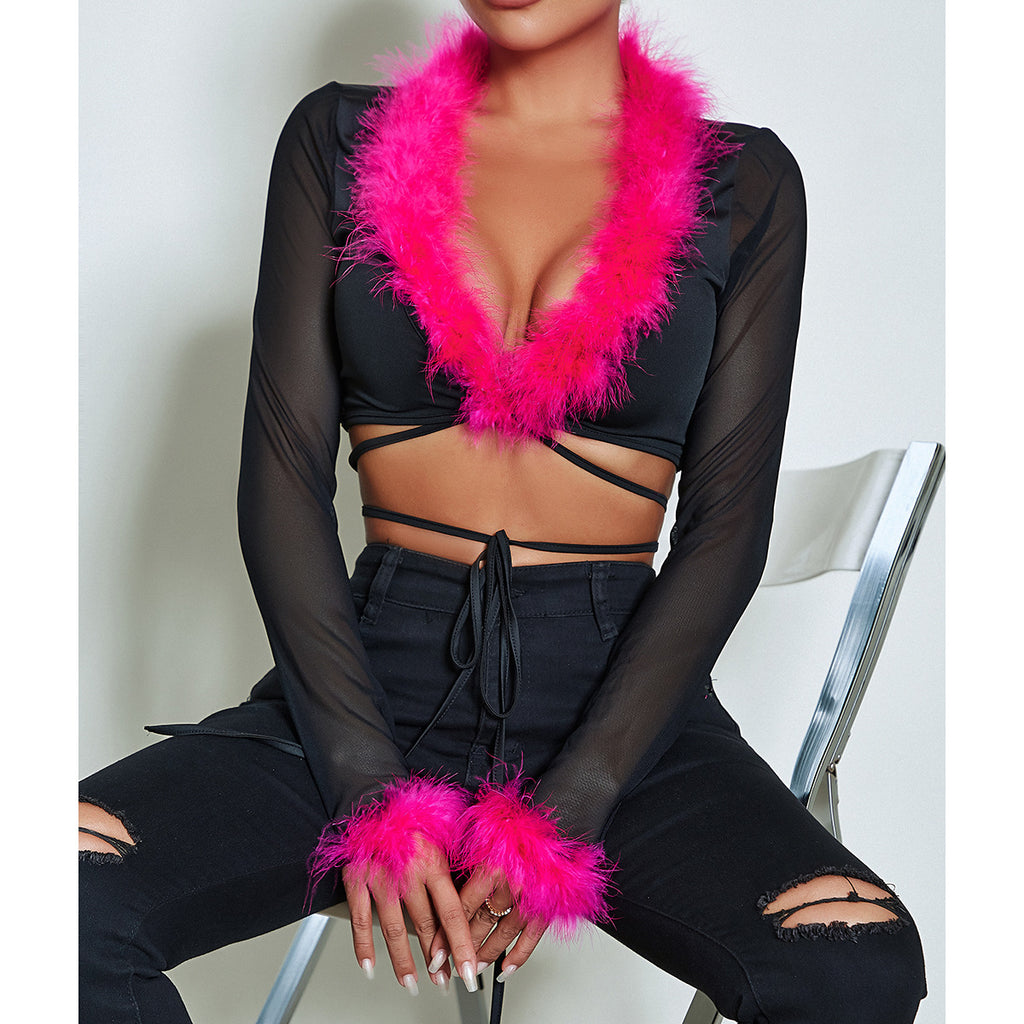 European and American  women's clothing autumn new high-end hairy heart machine strap cardigan sexy V-neck slim top women