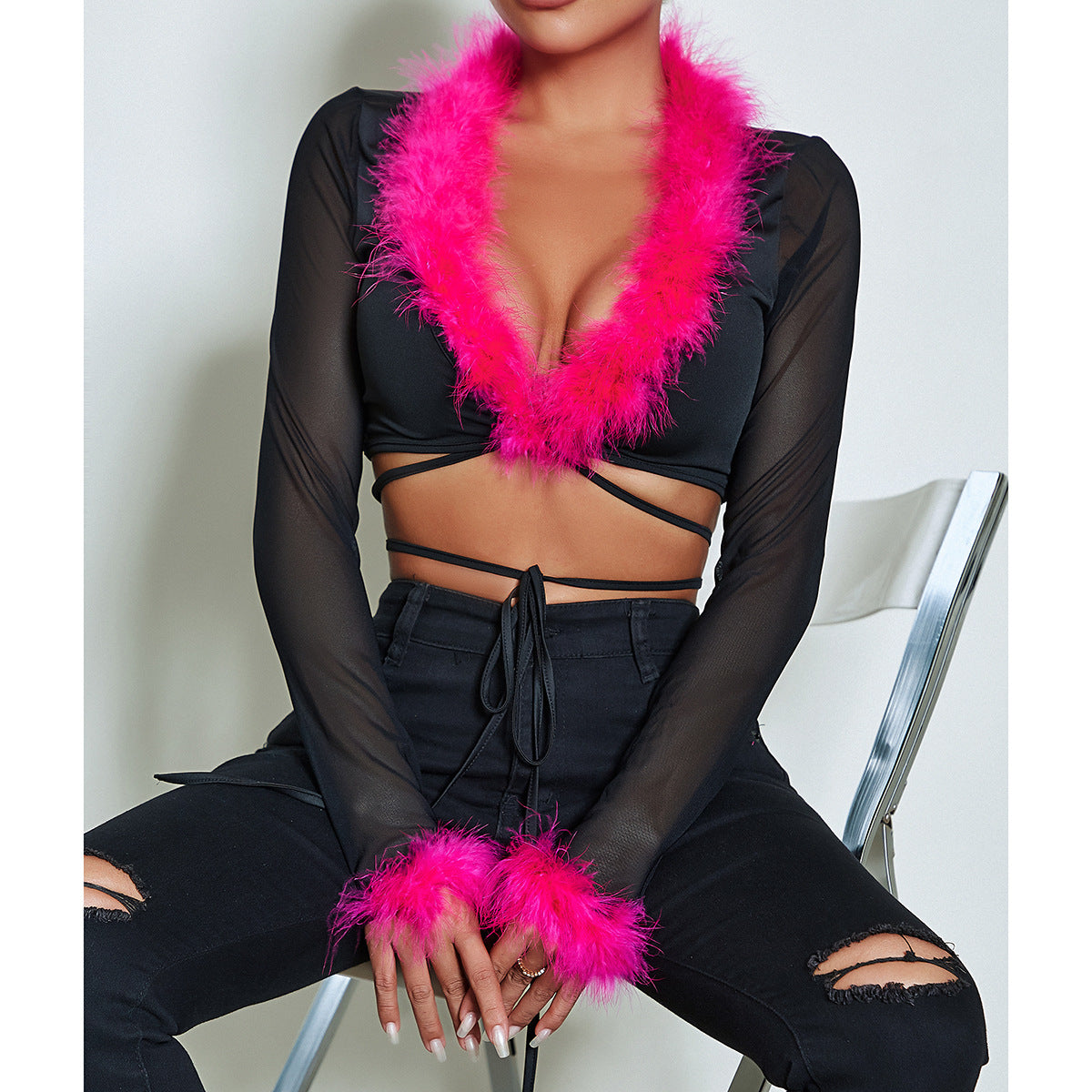 European and American  women's clothing autumn new high-end hairy heart machine strap cardigan sexy V-neck slim top women