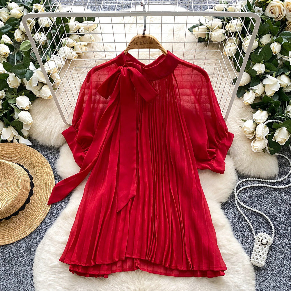 K-styleretro celebrity polka dotshirt women's summer tie loose slimming look design lightly mature queen eleganttops trendy