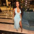 European and american cross-border women's fashion:  early winter new arrival - solid color sleeveless halter neck sexy u-neck backless maxi dress