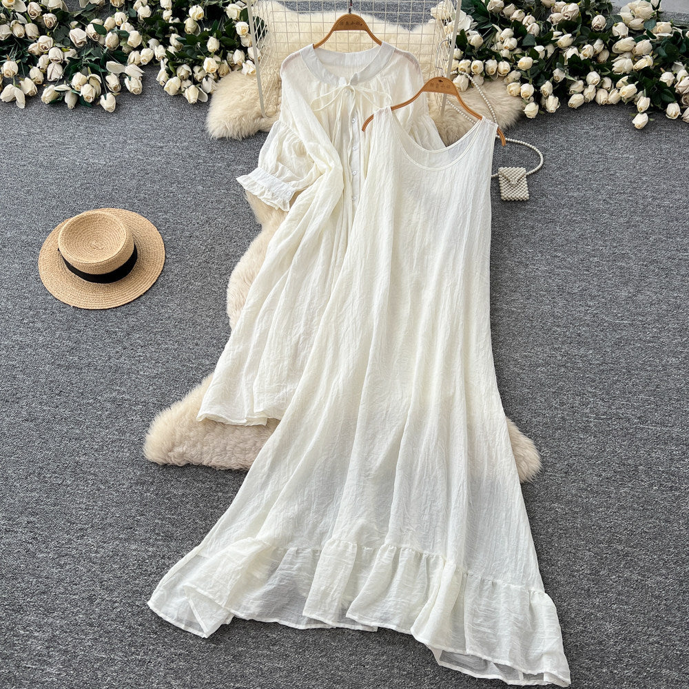 Vacation style yellow ruffles pleated two-piece set female spring autumslimming lookelegantwork clothingsuit skirt classy sense