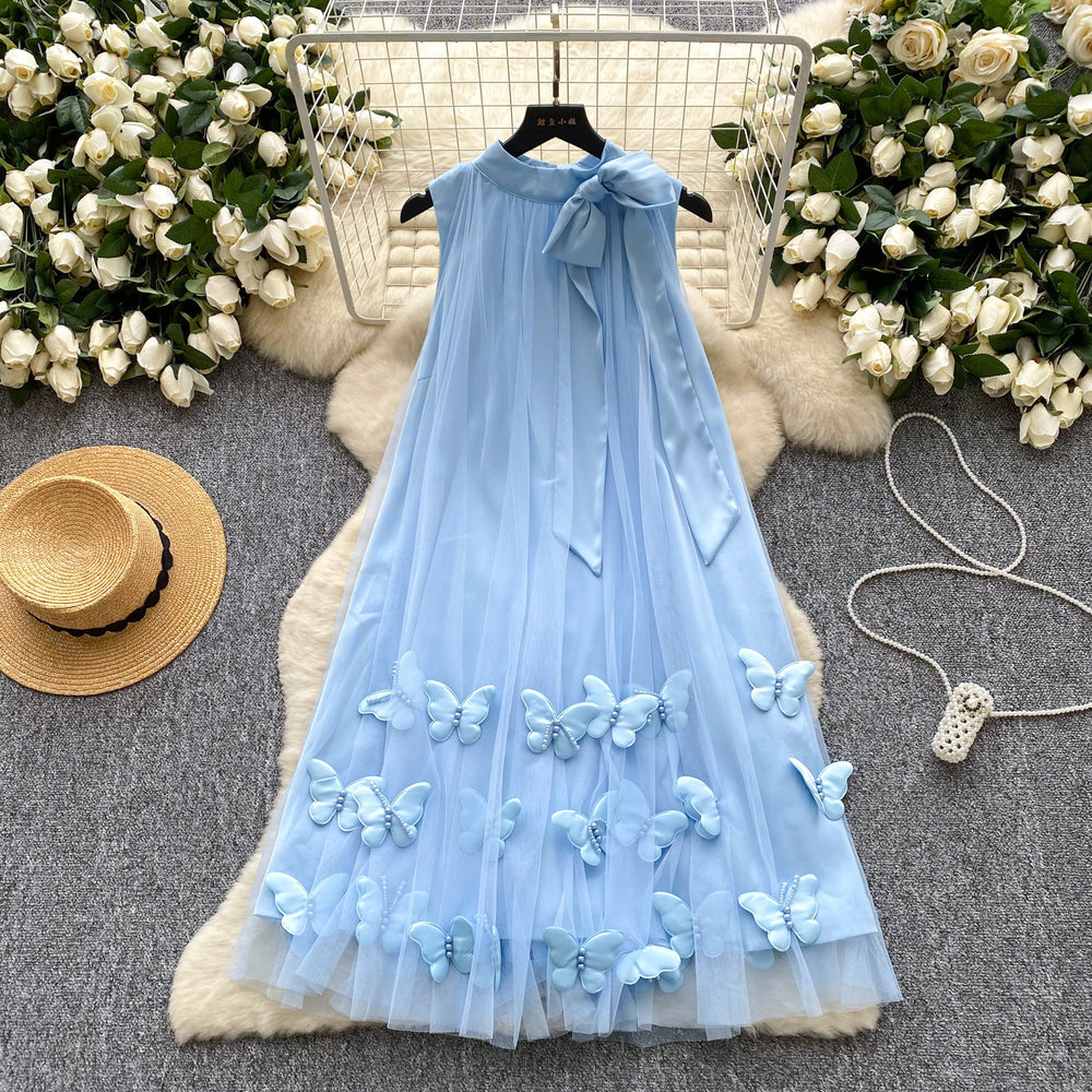 Gentle wind neckline bows strap halter sleeveless dress female french stereo butterfly mesh fairy dress