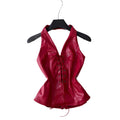 Retro hot girl v neck strap pu leather camisole women's silmslimming looksexyshorttopssummer