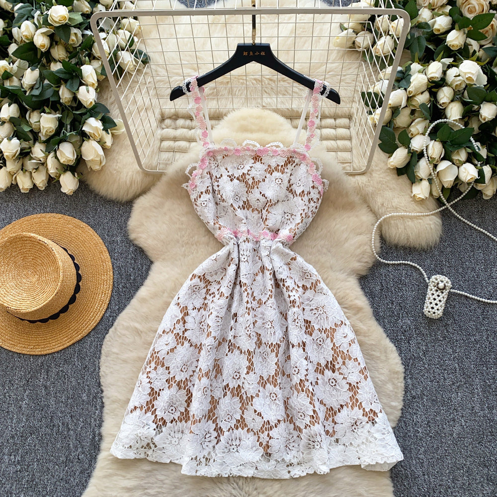 French romantic 3d rose lace cami dress - women's summer sexy slimming a-line dress