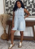 European and american cross-border new denim jumpsuit shorts,  new women's fashion loose turn-down collar sleeveless bodysuit