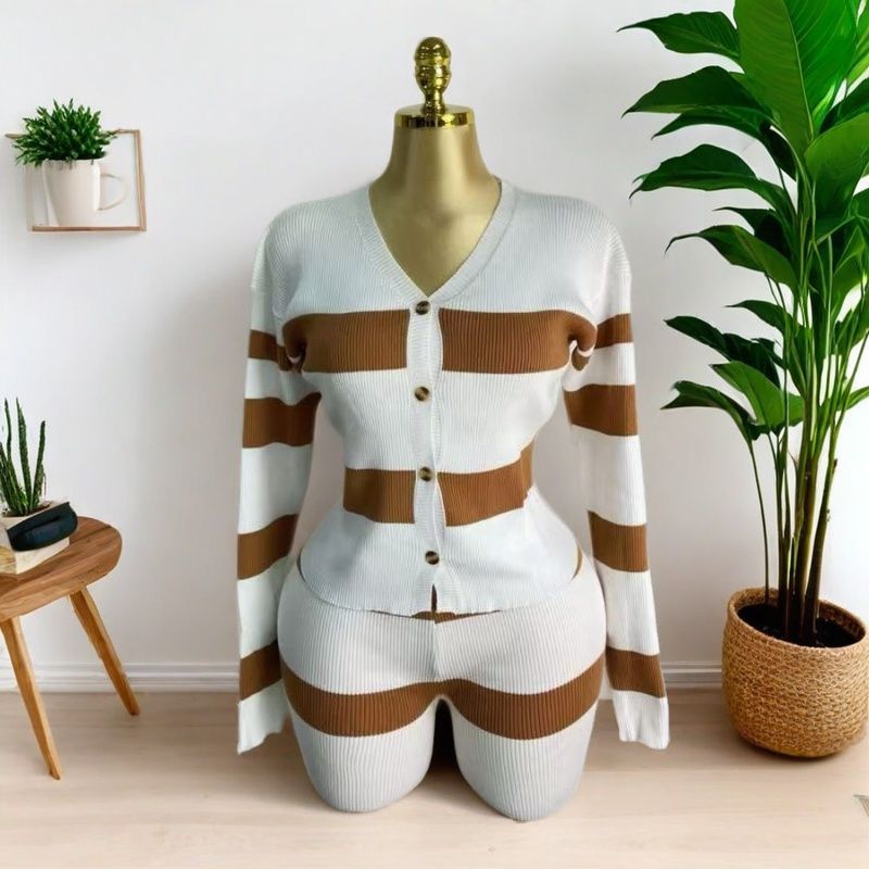 Cross-border spring explosion casual plus long sweater jacket European and American v-neck black and white striped knitted cardigan thin set