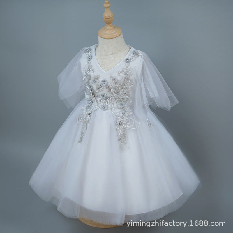 Kids' formal dress princess dress new short printed mesh girl's princess dress flower girl wedding dress one piece wholesale foreign trade