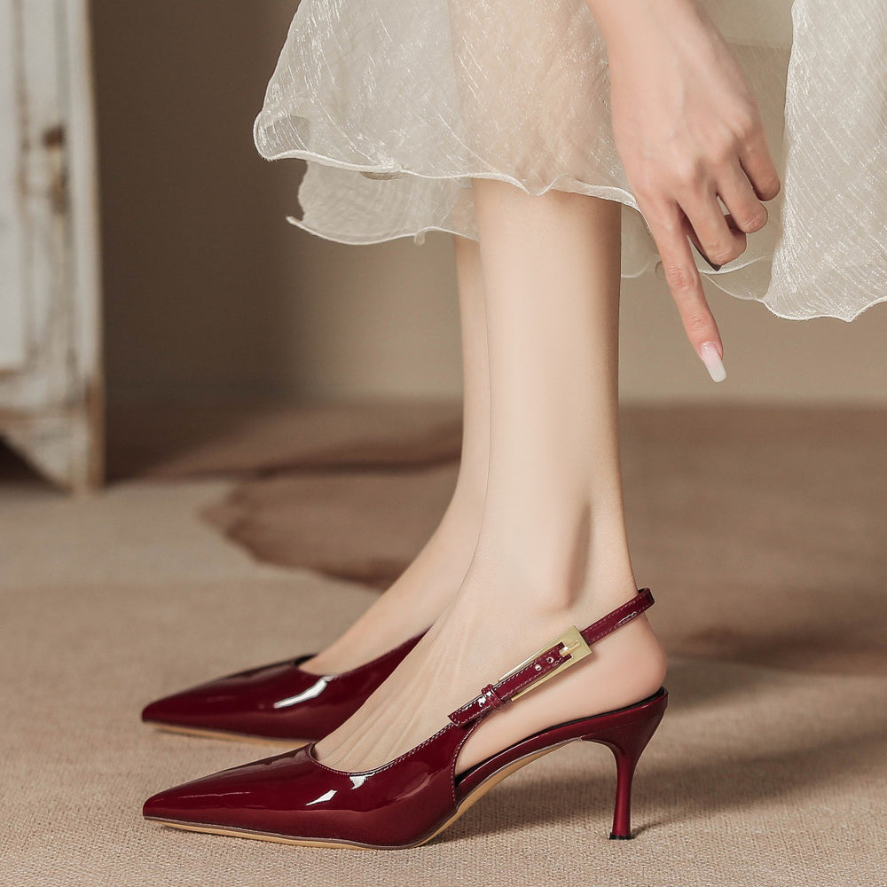 Women's high heels: new 2025 collection - metallic stiletto pointed-toe thong sandals, sexy red patent leather closed-toe heels for the modern woman