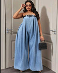 European and american style loose denim jumpsuit -  cross-border women's summer fashion sexy bandeau off-shoulder wide leg pants