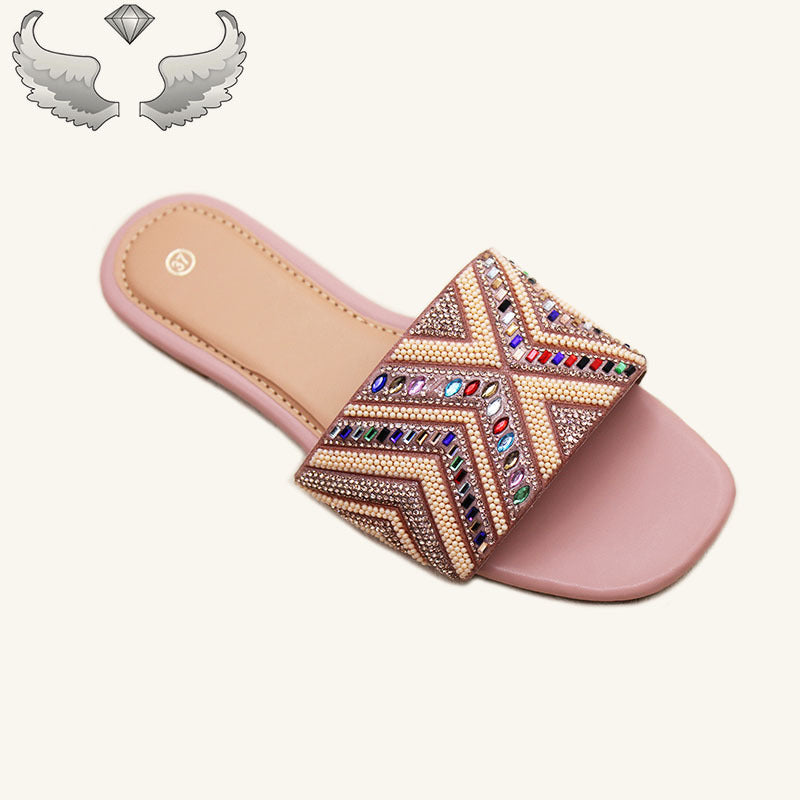 High-quality ladies slippers  ladies shoes fashion flash diamond flat sandals handmade shoes