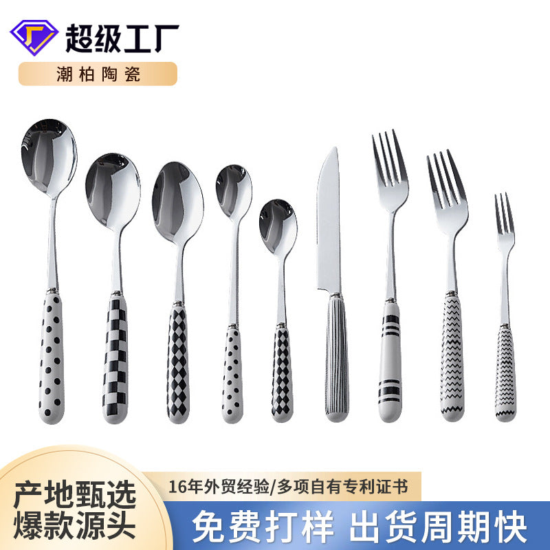 Vintage-inspired ceramic handle stainless steel cutlery set - includes knife, fork, spoon, dessert spoon, steak knife, and fork. custom logo options available
