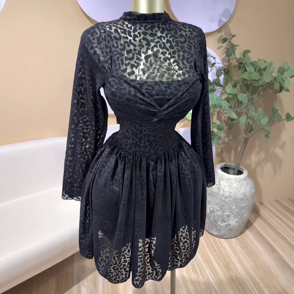European and american cross-border women's fashion:  spring new arrival - solid color long sleeve stand collar sheer waist ruched mini dress