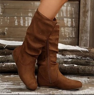Export cross-border pleated boots autumnew arrivalretro style flats suede plaidretro boots for women
