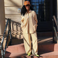 European and american cross-border women's fashion:  summer new collection - stylish turn-down collar, relaxed fit long sleeve shirt and high-waisted wide leg pants set