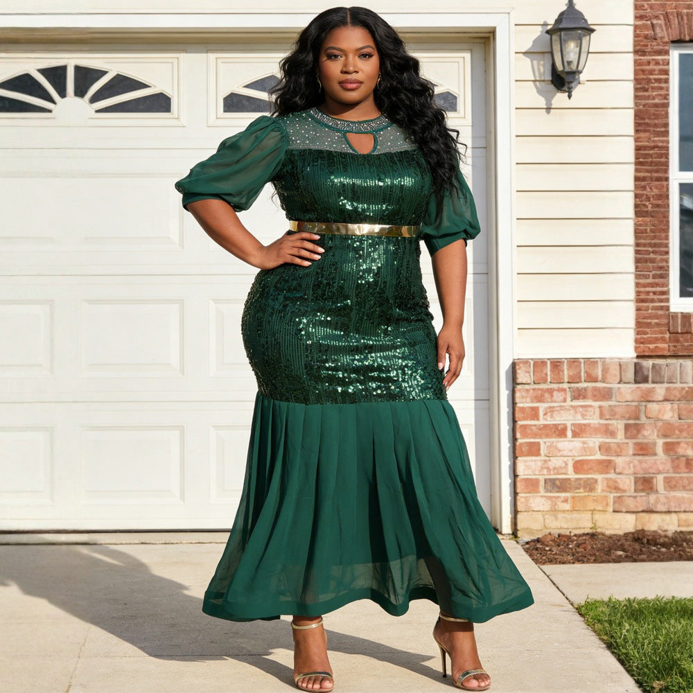 African cross-border supply  new women's plus size round neck rhinestone sequin evening party dress