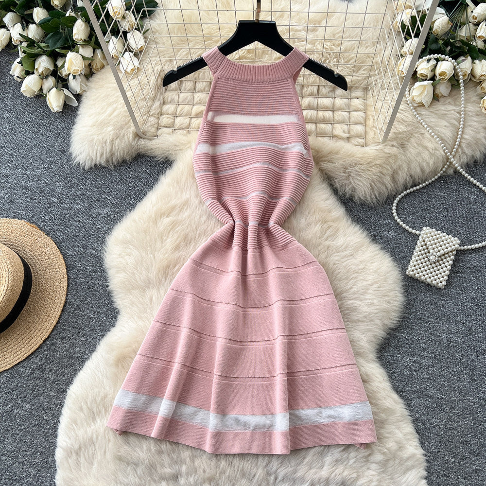 K-stylestripescut out sleeveless knittingdress women's summerhigh waist a-line skirtwork clothingclassyelegant skirt