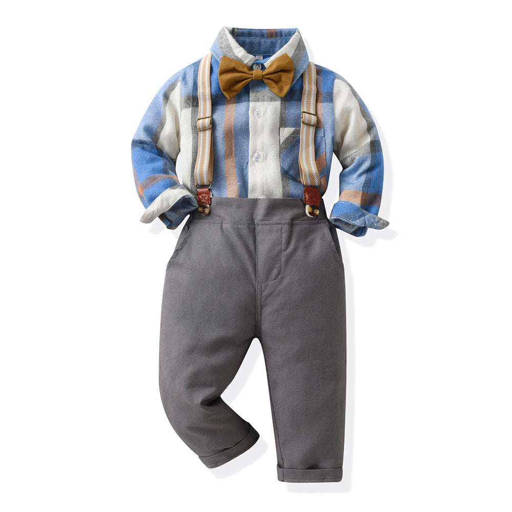 Kids' formal wear: spring/autumn preppy overalls, boys' long-sleeve plaid shirt set, baby's first birthday photography outfit
