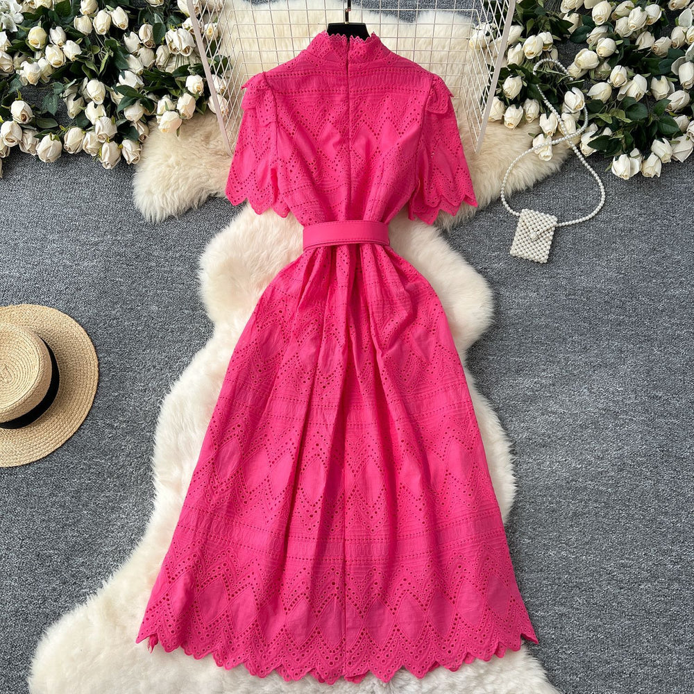 Elegant women's dress - summer : slim-fit, stand collar, short sleeve, openwork crochet embroidery, single-breasted long dress