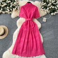 Elegant women's dress - summer : slim-fit, stand collar, short sleeve, openwork crochet embroidery, single-breasted long dress