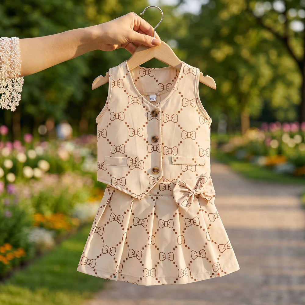 new girls' retro bowknot all-over print vest and pleated skirt two-piece set