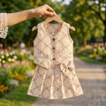 new girls' retro bowknot all-over print vest and pleated skirt two-piece set