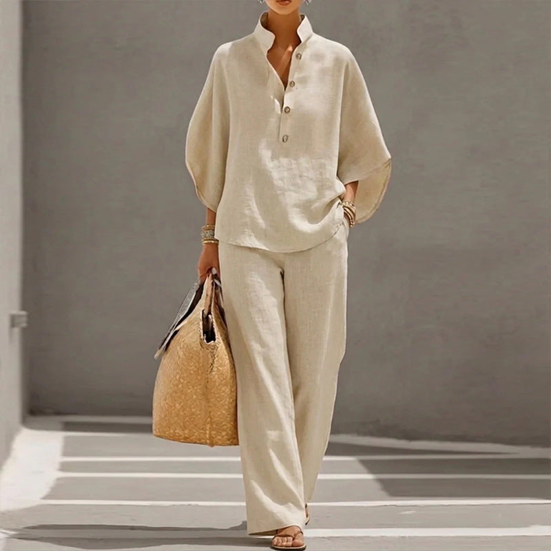 summer new european and american cross-border women's clothing casual loose solid color cotton linen turn-down collar wide leg pants fashion set