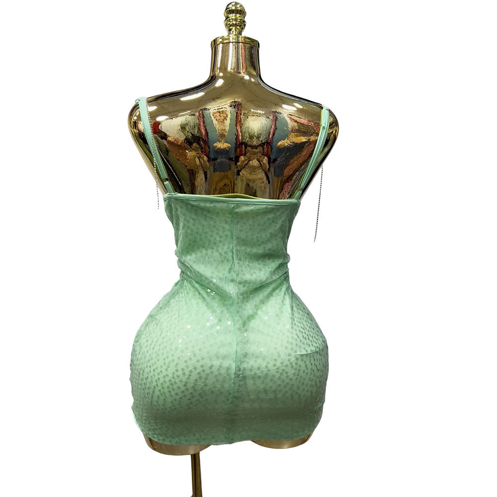 sourcing: diamond-cut, slim-fit, sexy sequin & beaded spaghetti strap mini dress - perfect for nightclubs & performances