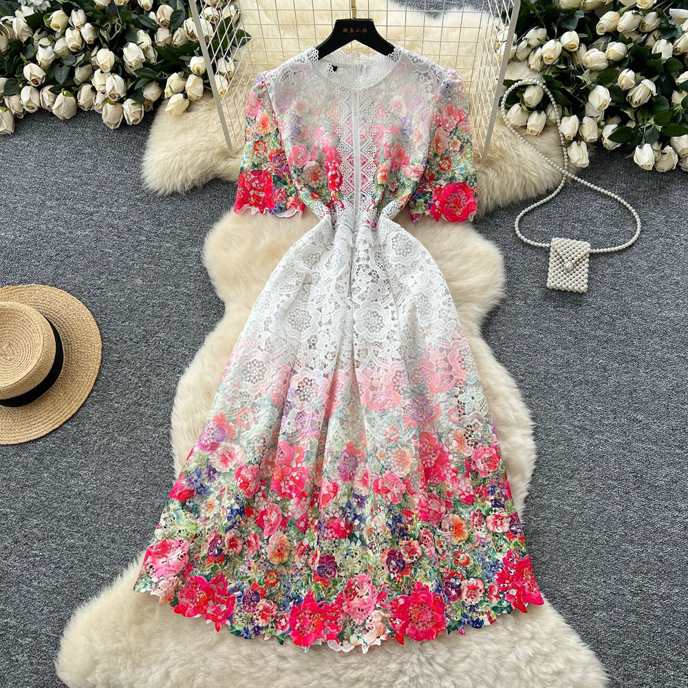 French retro chic crochet lace bubble sleeve dress - women's slimming, figure-flattering, elegant maxi dress