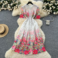 French retro chic crochet lace bubble sleeve dress - women's slimming, figure-flattering, elegant maxi dress