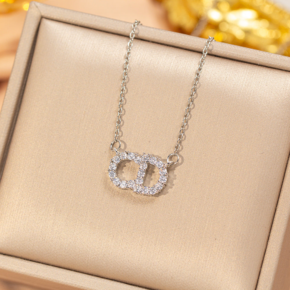 【titanium steel】korean & japanese style hot-selling full diamond letter cd necklace - women's lightweight luxury fashion high-end clavicle chain accessory