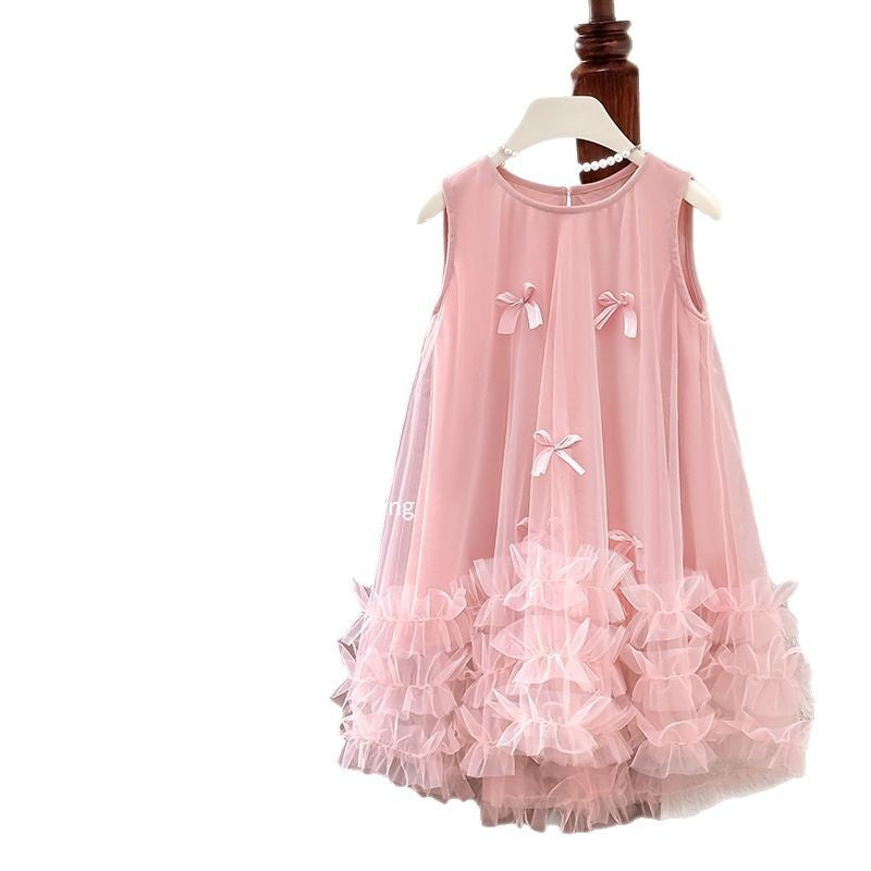 Girls' princess dress  new arrival: ethereal sleeveless summer mesh dress with bow detail