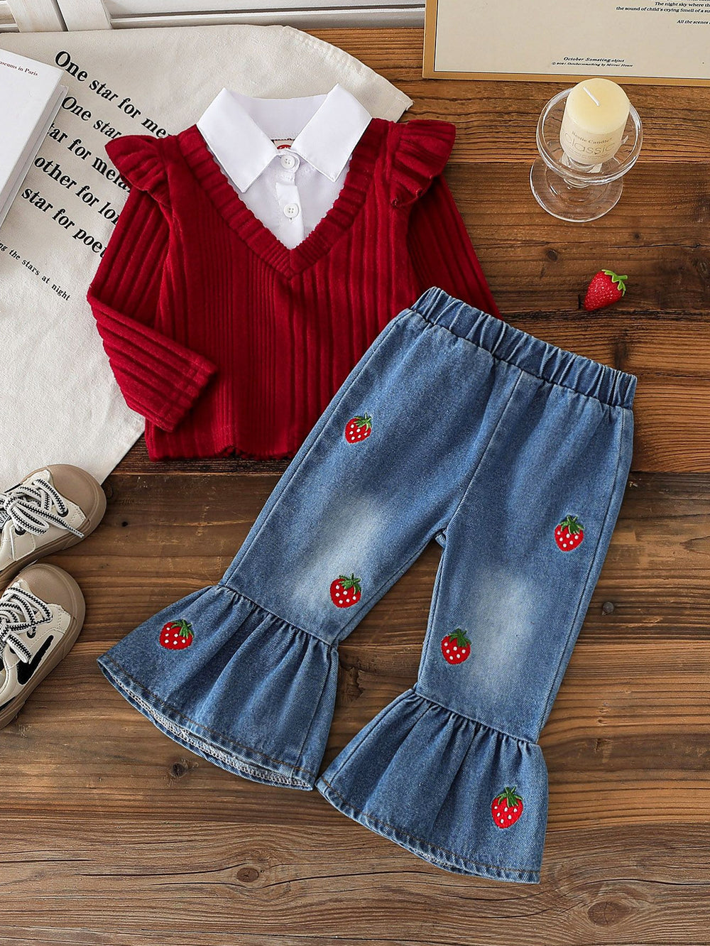 European and american cross-border new spring/autumn baby ribbed knit top with ruffle sleeves + embroidered strawberry denim pants two-piece set