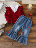European and american cross-border new spring/autumn baby ribbed knit top with ruffle sleeves + embroidered strawberry denim pants two-piece set