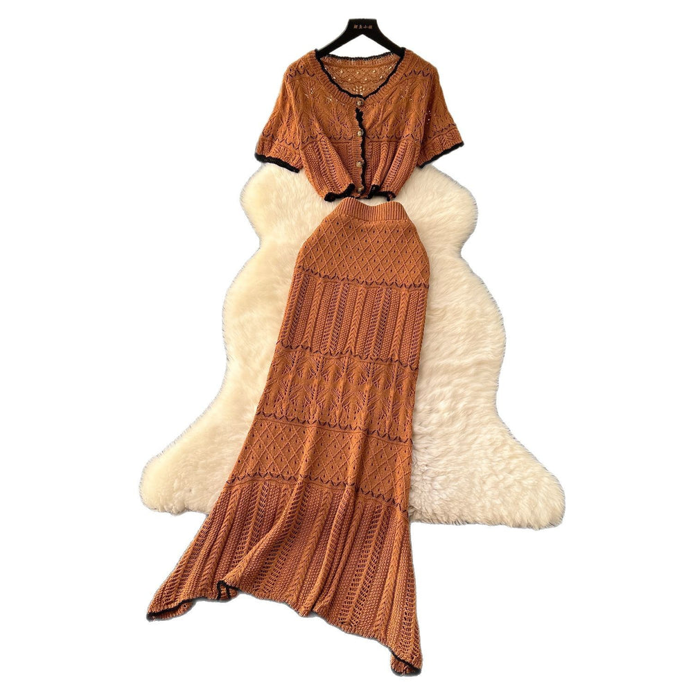 Korean style age-reducing set: women's gentle style hollow-out crochet round neck cropped knit top + high-waisted bodycon midi skirt