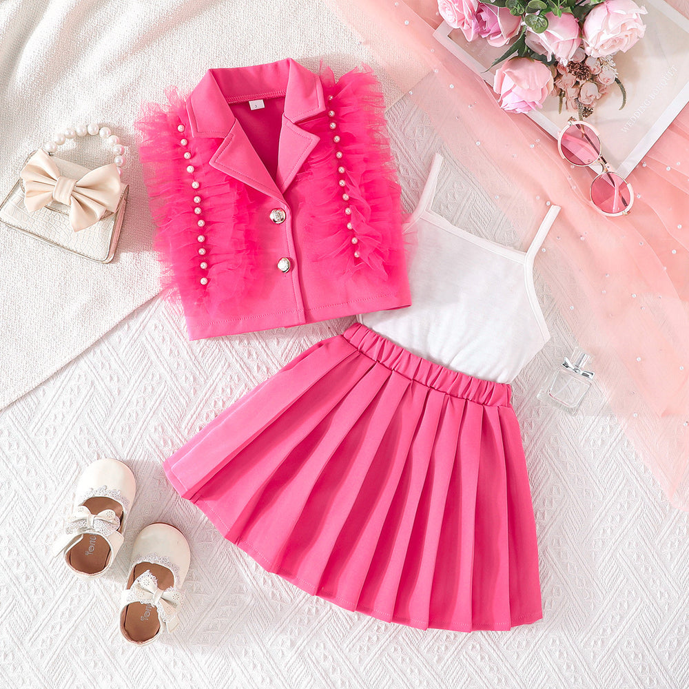 summer new girls' solid color feather beaded vest and pleated skirt set - sweet and playful three-piece outfit