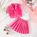 summer new girls' solid color feather beaded vest and pleated skirt set - sweet and playful three-piece outfit
